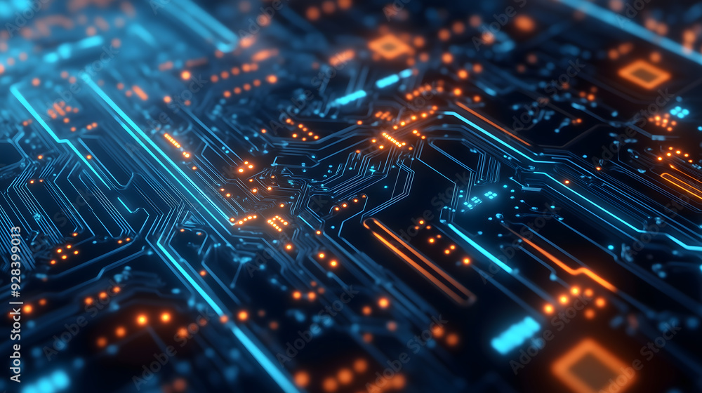 Abstract representation of data transferring on a circuit board, creating a complex network of connections Abstract representation of data transferring on a circuit board, creating a complex network of connections