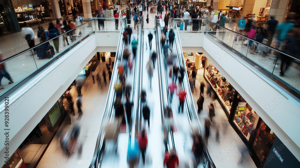 Obraz premium A wide shot of an overhead view from the top floor, looking down on people walking around in a shopping mall. The image has a motion blur effect. SALE, Black Friday, Holiday
