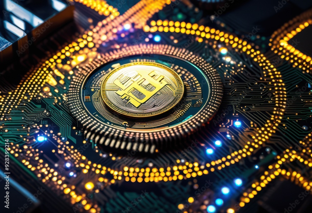 Obraz premium collection advanced coins displayed high tech digital circuit board intricate patterns components, technology, design, electronics, hardware, innovation