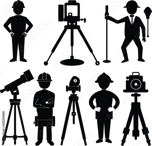 Land Surveyor Flat Black Silhouette Vector Art Bundle