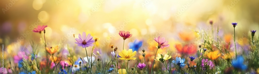 Beautiful Wildflower Meadow in Bloom with Vibrant Colors and Soft Sunlight in a Serene Natural Landscape Beautiful Wildflower Meadow in Bloom with Vibrant Colors and Soft Sunlight in a Serene Natural Landscape