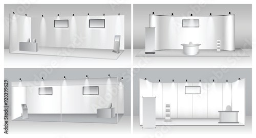 set of realistic trade exhibition chair and table or white blank exhibition kiosk or stand booth corporate commercial. Eps Vector