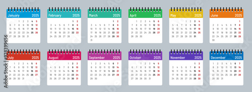 Colour, calendar template 2025, Months, week starts on Monday