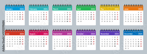 Colour, calendar template 2024, Months, week starts on Monday