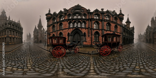 Full 360 degrees seamless spherical panorama HDRI equirectangular projection of a horse drawn carriage Victorian. Texture environment map for lighting and reflection source rendering 3d scenes.	
