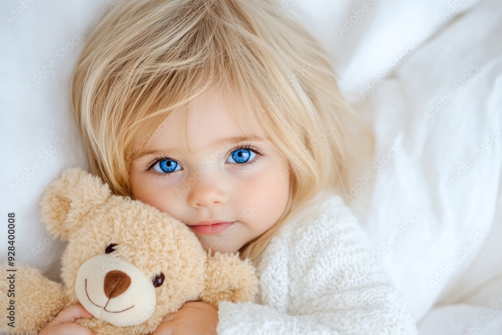Adorable blonde girl with bright blue eyes cuddling a teddy bear while lying on a soft white bed Adorable blonde girl with bright blue eyes cuddling a teddy bear while lying on a soft white bed