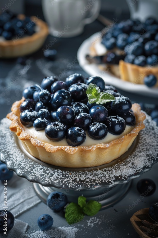 Fresh blueberries on top of a creamy dessert, perfect for a sweet treat or snack Fresh blueberries on top of a creamy dessert, perfect for a sweet treat or snack