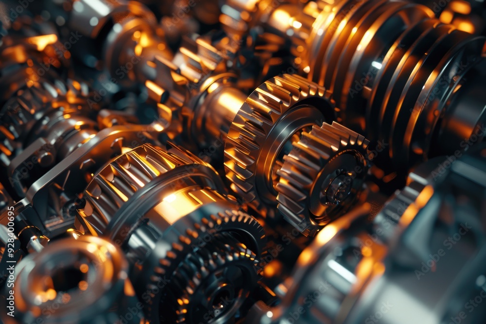 A close-up view of a set of interlocking gears, suitable for use in illustrations about machinery, engineering, or industrial design