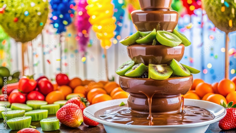 whimsical chocolate fountain kiwi fruit skewers drizzle melted chocolate sauce colorful vibrant colorful confetti sprinkles playful birthday party theme celebration whimsical chocolate fountain kiwi fruit skewers drizzle melted chocolate sauce colorful vibrant colorful confetti sprinkles playful birthday party theme celebration
