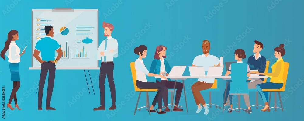 Business people team working, brainstorming, discussing ideas holding meeting at office table, Generative AI