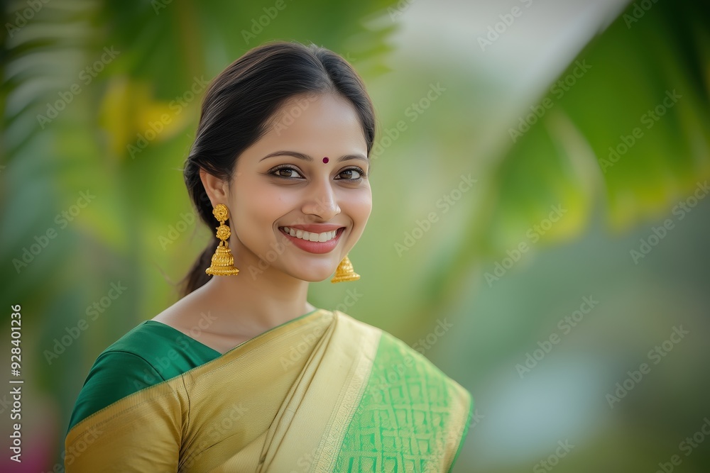 Indian woman wearing traditional white and green sari smiling in tropical forest Indian woman wearing traditional white and green sari smiling in tropical forest