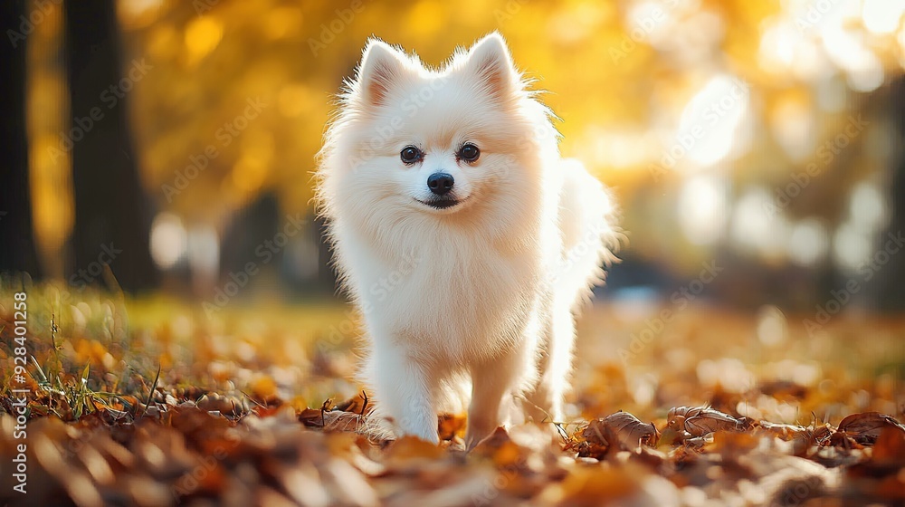 Fototapeta premium White Pomeranian Spitz: A Delightful White Pomeranian Spitz with a Fluffy, Snow-White Coat