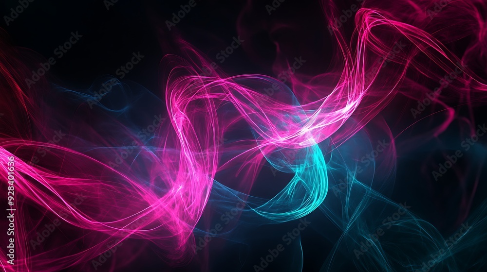 Black background, highlighted by a series of glowing magenta and turquoise lines forming abstract shapes Black background, highlighted by a series of glowing magenta and turquoise lines forming abstract shapes