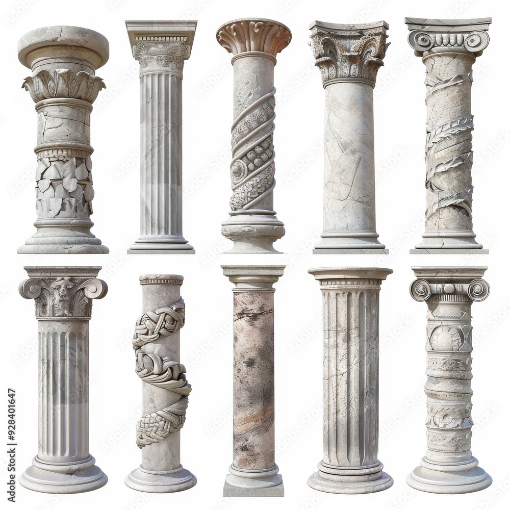 Stone Pillars Set Isolated, Old Roman Columns, Marble Greek Pillar, Rome Greece Architecture Stone Pillars Set Isolated, Old Roman Columns, Marble Greek Pillar, Rome Greece Architecture