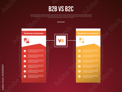 B2B vs B2C business infographic for comparison data or versus with boxed square table with outline box versus with modern dark gradient style background for slide presentation