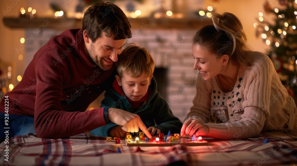 Family playing board game during Christmas time Family playing board game during Christmas time