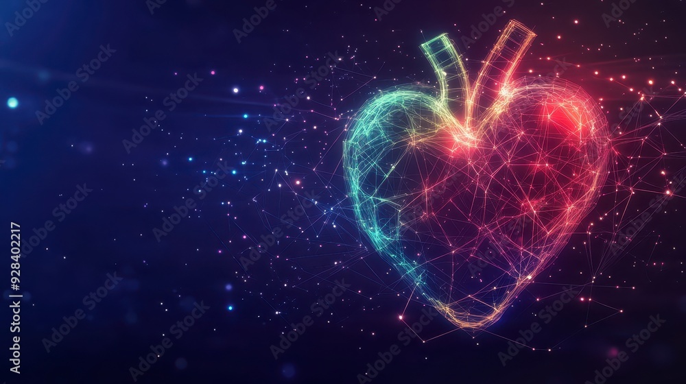 Glowing neon heart with geometric lines on a cosmic background, blending tech, anatomy, and space. Glowing neon heart with geometric lines on a cosmic background, blending tech, anatomy, and space.