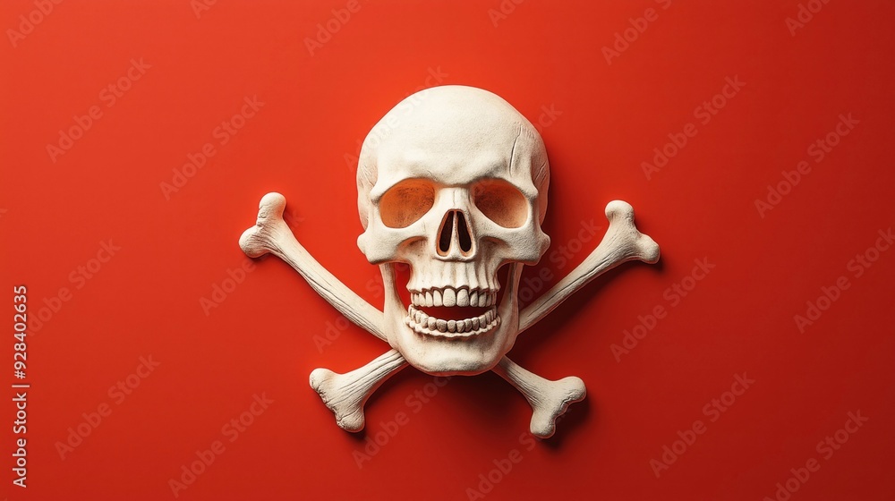 Human skull and crossed bones on a red background, representing a traditional pirate or danger symbol. Human skull and crossed bones on a red background, representing a traditional pirate or danger symbol.