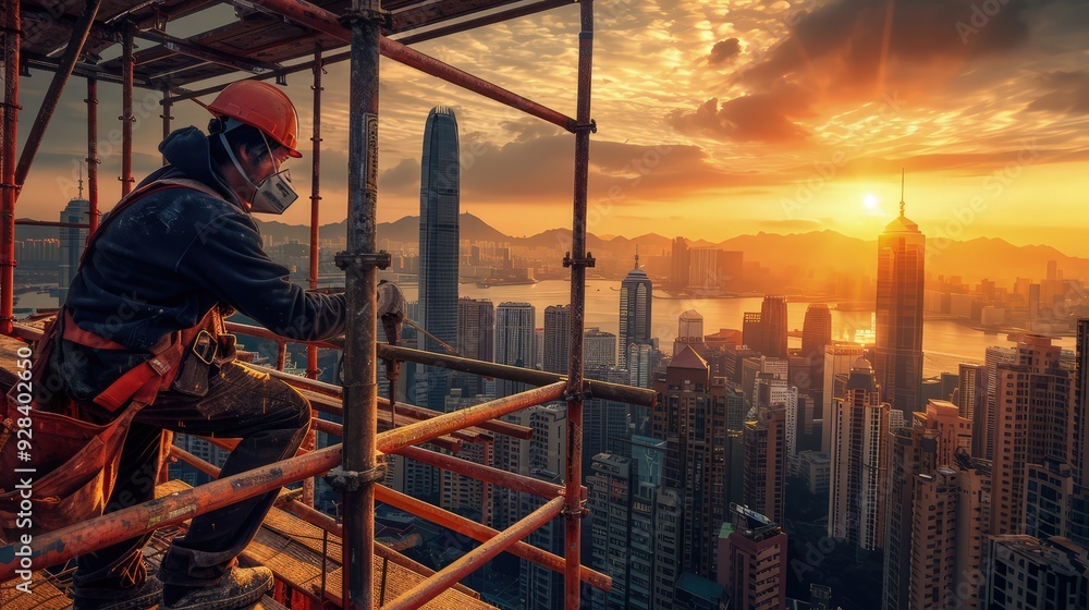 A construction worker in a high-grade dust mask, working atop scaffolding with a stunning city skyline in the background during sunset. A construction worker in a high-grade dust mask, working atop scaffolding with a stunning city skyline in the background during sunset.