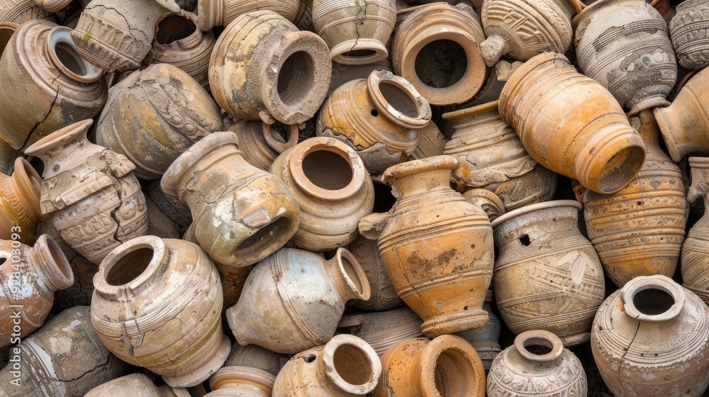 A variety of colorful clay pots arranged neatly against an aged wall, showcasing intricate designs and textures in a vibrant display under bright sunlight A variety of colorful clay pots arranged neatly against an aged wall, showcasing intricate designs and textures in a vibrant display under bright sunlight