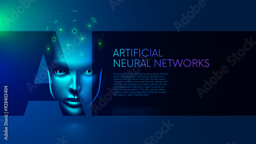 AI or Artificial Intelligence in image face or head woman with lighting brain. Artificial Intelligence technology abstract conceptual banner. Future tech human face. Neural network. AI bot learning.