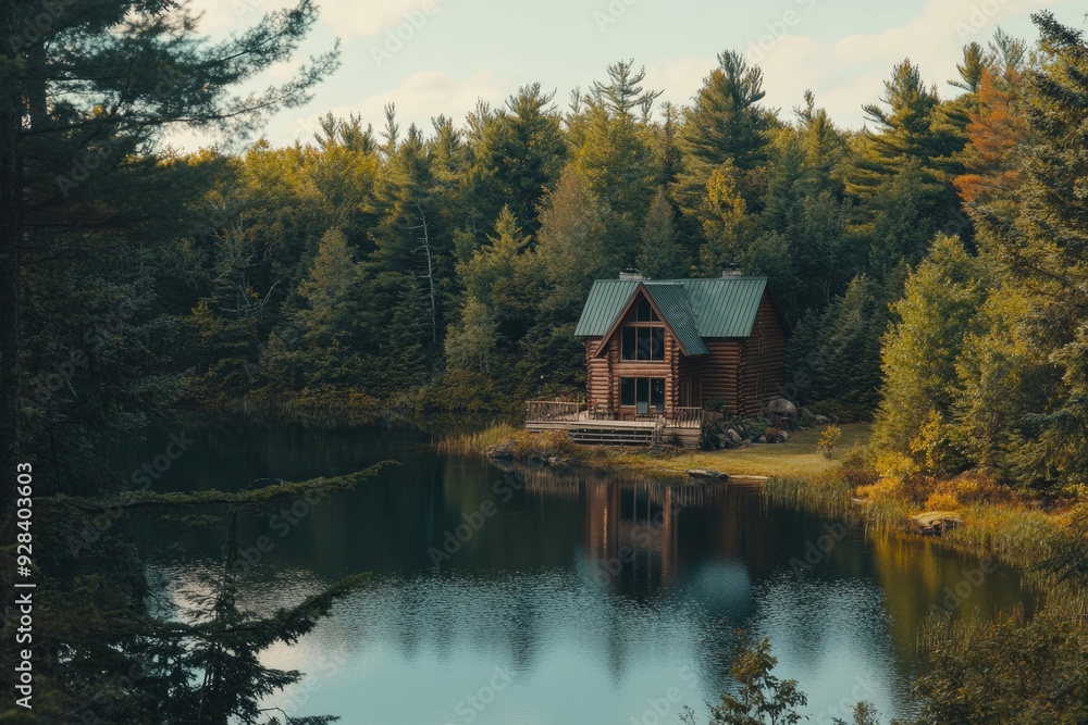 Fototapeta premium Lake Cabin with Trees