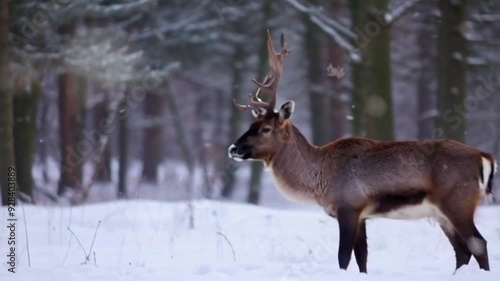 A reindeer in a snowy forest, with frost-covered trees in the background and soft light filtering through
