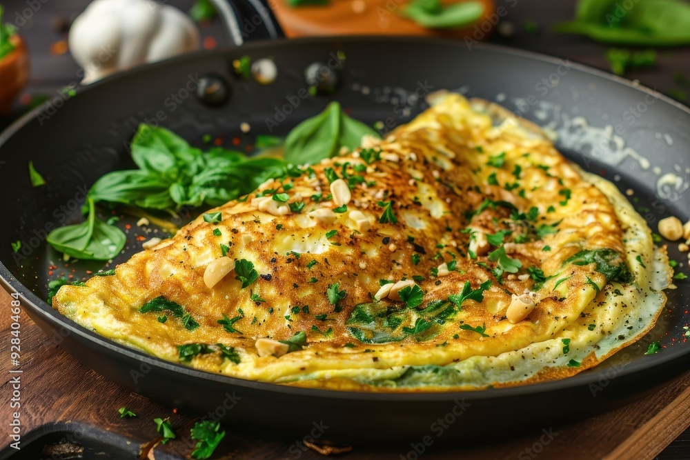 Focus on Keto diet ideas Spinach omelet in a pan Focus on Keto diet ideas Spinach omelet in a pan