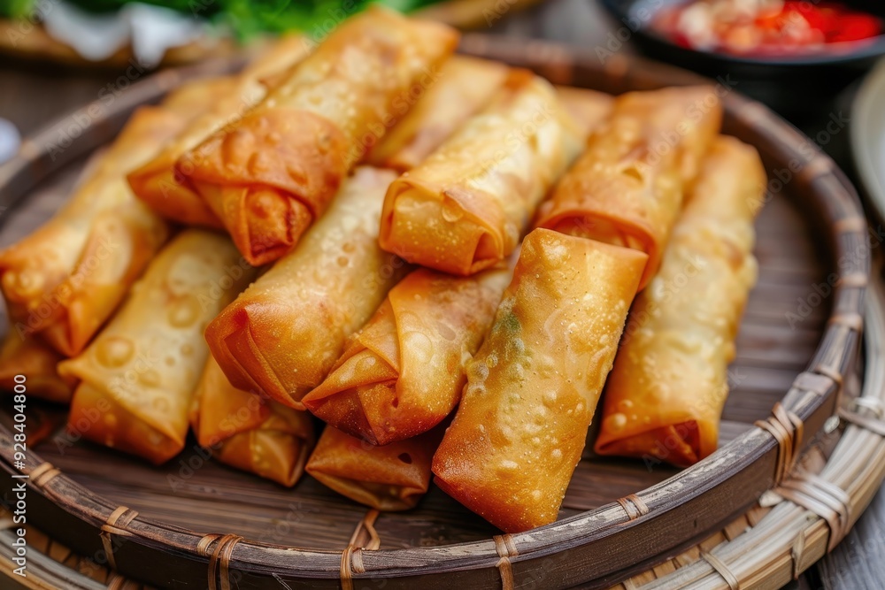 Focused on fried spring rolls with chilli on plate Focused on fried spring rolls with chilli on plate