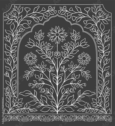 Mughal decorative ornamental floral. Vintage intricate traditional mughal style with flowers and foliage.
