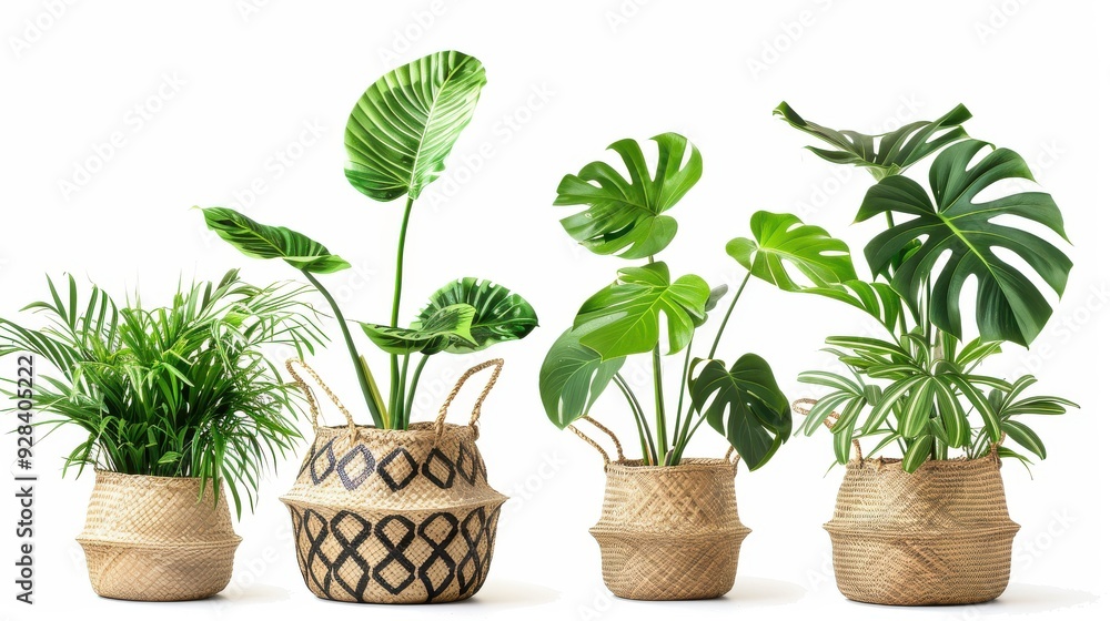 Fototapeta premium set of most popular houseplants in basket pots isolated on white background 