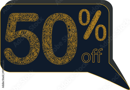 Discount sale off tag 50 percent. framework of floral motive with gold color, sale offer emblem, badge price discount number. Flat offer stamp, sticker clearance sale. Finance product emblem