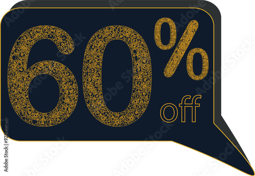 Discount sale off tag 60 percent. framework of floral motive with gold color, sale offer emblem, badge price discount number. Flat offer stamp, sticker clearance sale. Finance product emblem
