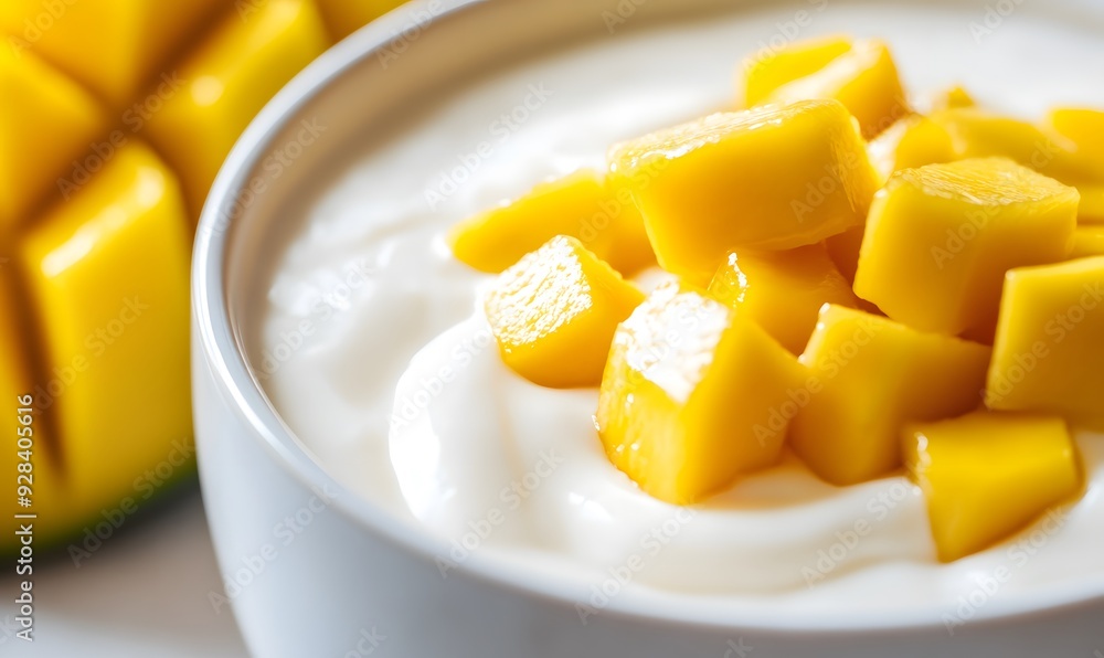 A creamy Greek yogurt, there are some pieces of fresh mango, Generative AI A creamy Greek yogurt, there are some pieces of fresh mango, Generative AI