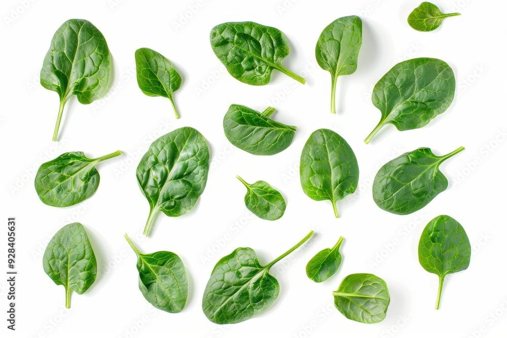 Fresh baby spinach isolated on white background Top view for package design Fresh baby spinach isolated on white background Top view for package design