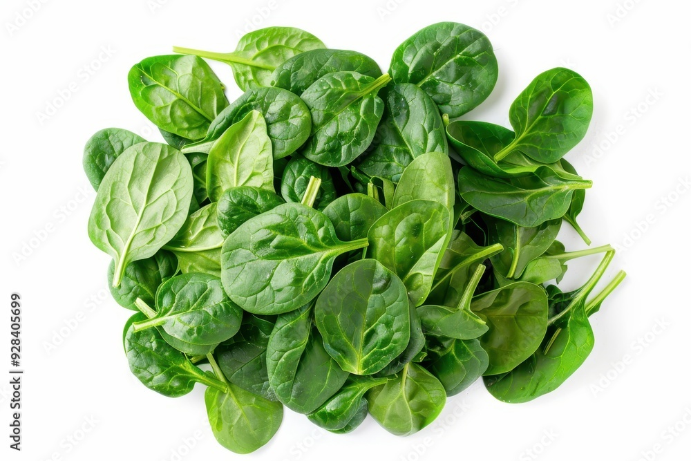 Fresh baby spinach pile on white surface top view Fresh baby spinach pile on white surface top view