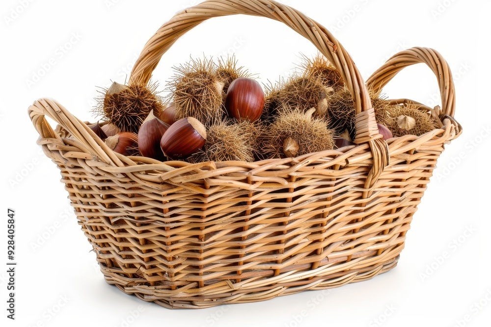 Fresh chestnuts in wicker basket on white background Fresh chestnuts in wicker basket on white background