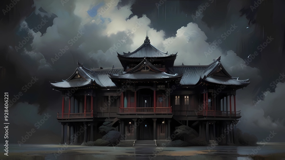 ゲーム背景　ホラー風荒野の陰気な東洋風建築家屋がぽつんとある風景