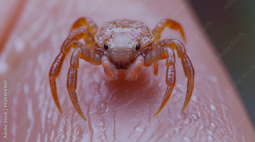 In sharp focus on a blurred, skin-toned background, a curious tick clings to a human hand. In sharp focus on a blurred, skin-toned background, a curious tick clings to a human hand.