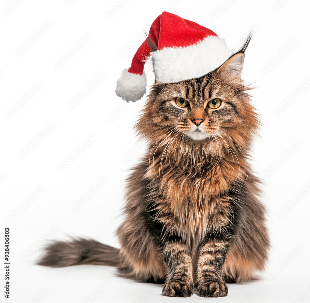 Maine Coon cat in a red Santa Claus hat sits on a white background Maine Coon cat in a red Santa Claus hat sits on a white background