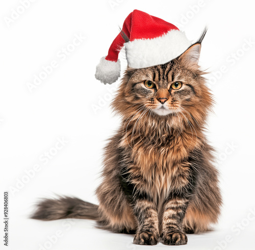 Maine Coon cat in a red Santa Claus hat sits on a white background