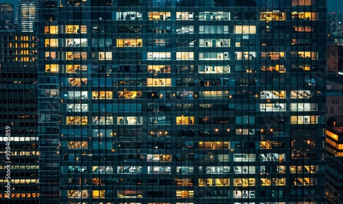 Aerial view of the  skyscraper windows at night with a lot of office people inside, who works overtime, Generative AI