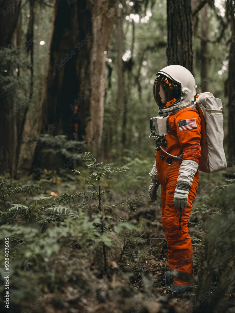 woman astronaut in orange spacesuit exploring a savannah forest woman astronaut in orange spacesuit exploring a savannah forest