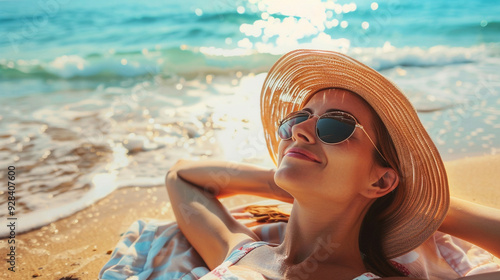 a woman on the beach, basking in the sun and enjoying a relaxing sunbath.
