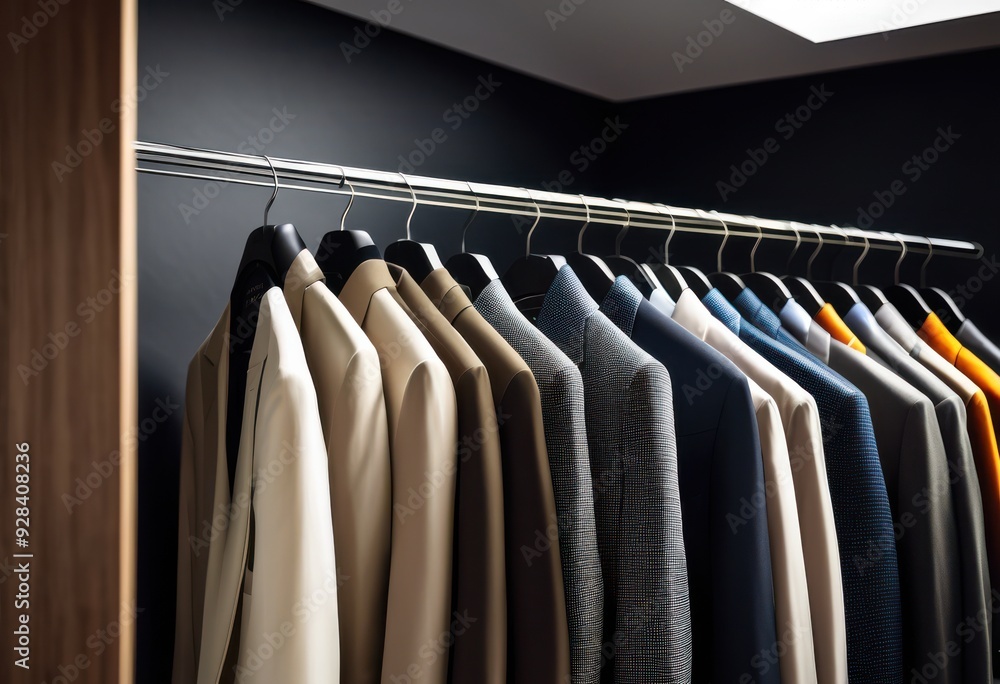 elegant display stylish business casual outfits sleek hangers showcasing modern fashion trends versatile wardrobe choices, clothing, attire, design, fabric elegant display stylish business casual outfits sleek hangers showcasing modern fashion trends versatile wardrobe choices, clothing, attire, design, fabric