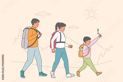 Friendly family goes on hike in mountains, walking through national park with backpacks on backs