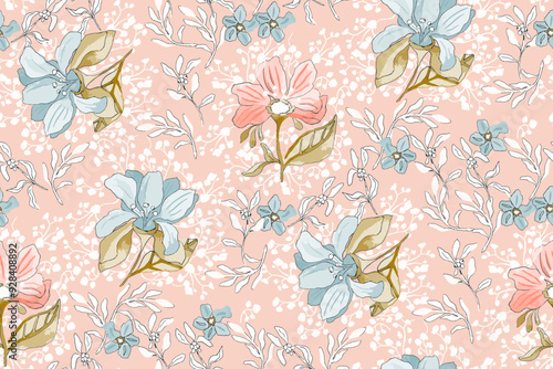 Cute feminine watercolor seamless pattern with wildflowers.hand drawn, not AI photo