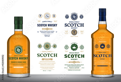 Vector scotch whisky labels and bottle mockups