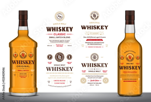 Vector whiskey labels and bottle mockups