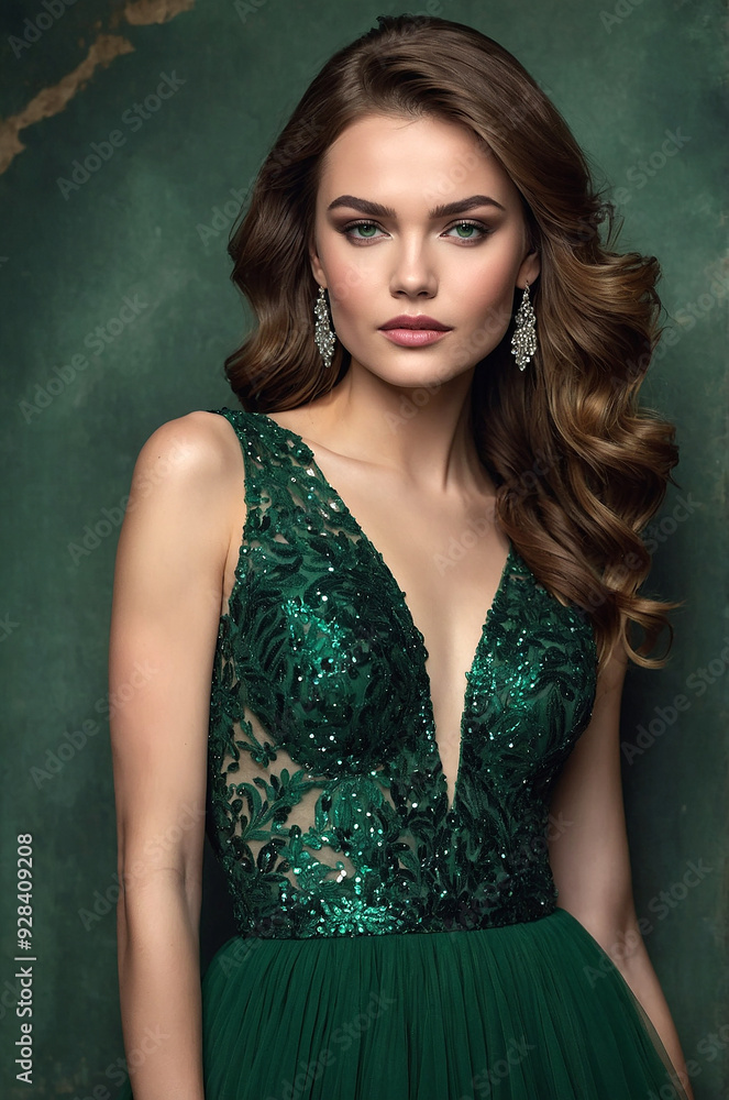 Beautiful woman with diamond earrings and she is wearing an emerald green evening dress Beautiful woman with diamond earrings and she is wearing an emerald green evening dress